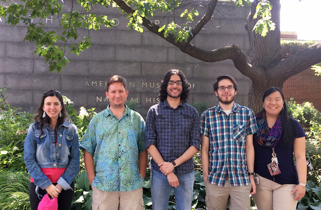 August 2017 Arachnology Lab at AMNH. Left to Right: Stephanie Loria, Lorenzo Prendini, Pio Colmenares, Jayson Slovak, Deborah Chin.